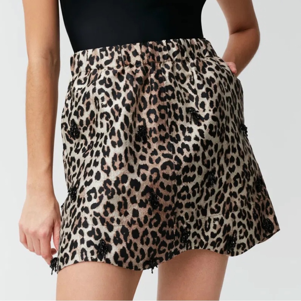 GANNI embellished leopard mini skirt wavy scalloped hem pockets date night party